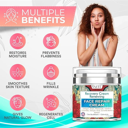 VAITE Face Moisturizer Remedy Skin Repair Cream with Snail, Salicylic Acid, Vitamin B5, Vitamin E, Collagen, and Ceramides for Men and Women Anti-aging Anti-wrinkle Made in USA Night and Day