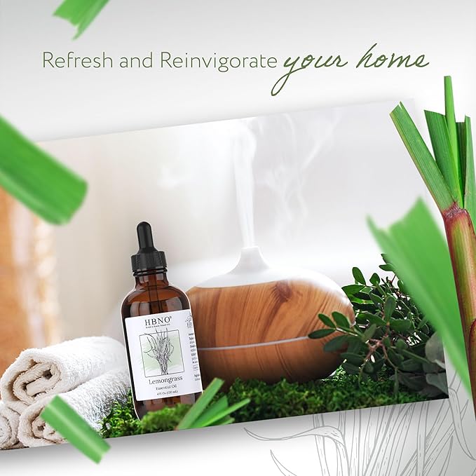 HBNO California Bottled Lemongrass Essential Oil 4 fl oz (120ml) - Natural Lemongrass Oil, Perfect for Cleaning, Aromatherapy, DIY, Soap & Diffuser -