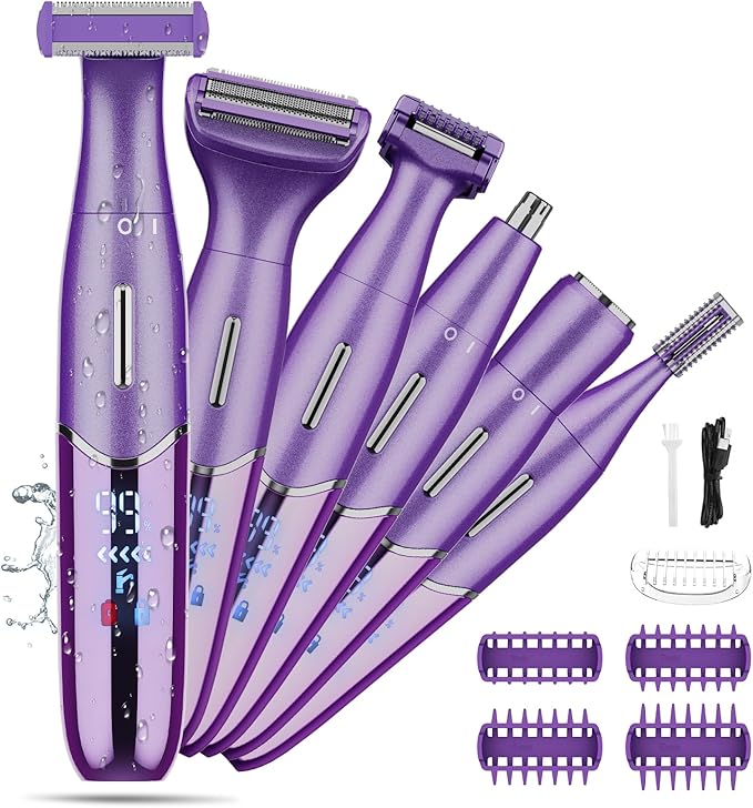 Electric Razor for Women,6 in 1 Women's Bikini Trimmer Shaver for Women & Men Pubic Hair, Private Area, Legs, Eyebrow,Face, Nose, Eyebrow, Body Hair Removal IPX5 Waterproof Wet & Dry