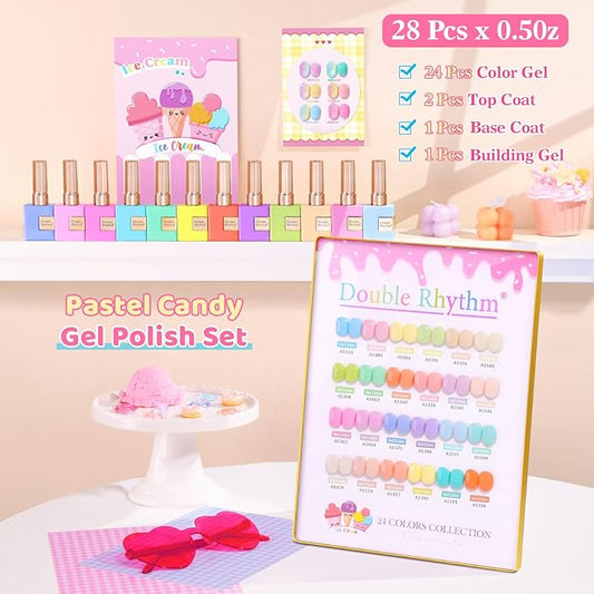 Double Rhythm 28Pcs 0.5Oz Gel Nail Polish Set Same Color Same Bottle Soak Off Gel Polish Kit Nail Art Manicure Salon DIY at Home for Women (Pastel Candy Collection-T24-5)