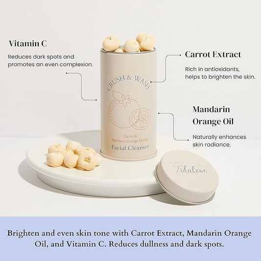 3-in-1 Solid Facial Cleanser, Exfoliator, and Wash-off Mask - Vegan, Cruelty-Free, Plastic-Free, Travel-Friendly, 1 Month Supply (60 Crushable Tablets) in Tin (Brightening Beans in Tin)