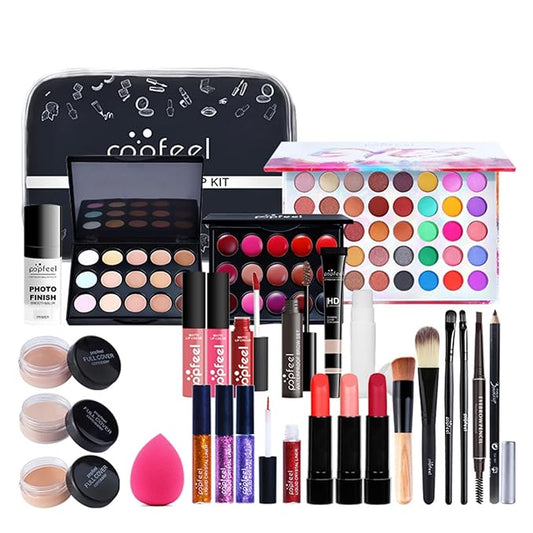 All-in-one Makeup Set Holiday Gift | Full Makeup Kit for Women Essential Starter Bundle Include Eyeshadow Palette Lipstick Blush Cream Concealer Face Powder Eyeliner Mascara Lipgloss Brush