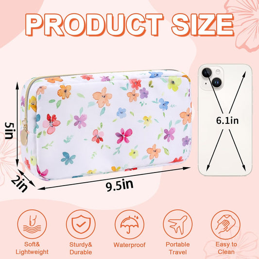 Waterproof Small Floral Makeup Bag Pouch for Purse,Nylon Flower Cosmetic Bag Preppy Travel Toiletry Storage Bag for Women Girl,Cute Makeup Organizer Bag Pouch with Zipper(Small Colorful-Flowers)