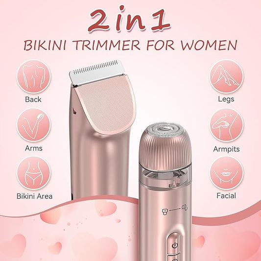 Bikini Trimmer for Women - 2 in 1 Electric Body Hair Trimmer for Silky Skin, Cordless Body Shaver for Travel, IPX7 Waterproof & Easy to Clean, Replaceable Ceramic Blade Heads, Rose Gold