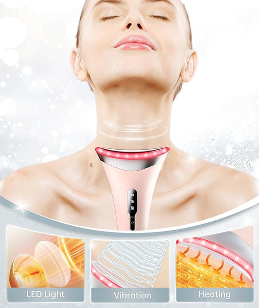 7 Color Light Therapy Facial Massager with Adjustable Vibration and Thermals for Wrinkles, Double Chin, Red Light Skin Care Tool with Base, Pink