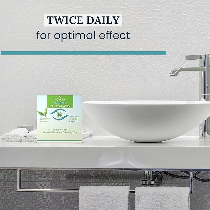 NOVEHA Tea Tree Oil Eyelid & Lash Wipes With Hyaluronic Acid, Green Tea & Chamomile For Blepharitis & Itchy Eyes, Individually Wrapped Eyelash Wipes Natural Makeup Remover & Daily Cleanser (Pack of 3)