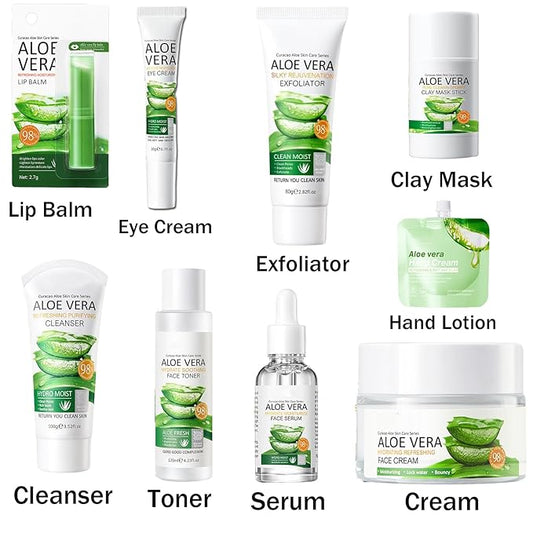 9Pcs Skin Care Products Set, Skin Care Gift Set for Women Girls, Aloe Vera Skin Care Sets, Face Care Kit with Cleanser, Clay Mask, Toner, Serum, Lip Balm, Eye Cream, Moisturizer, Hand Lotion