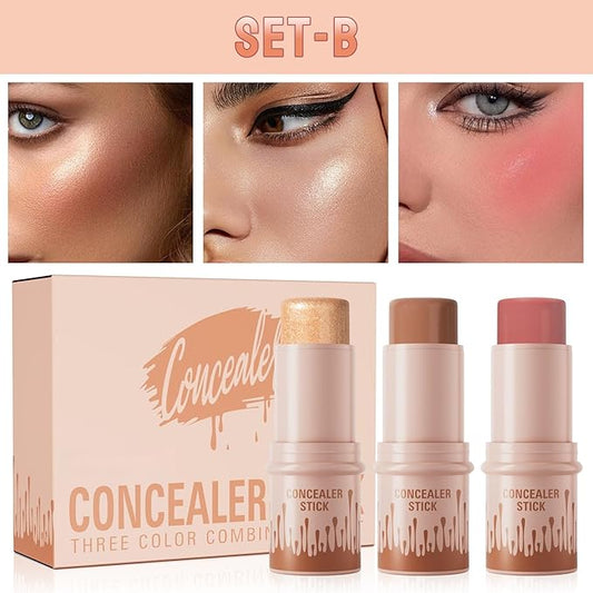 3Pcs Contour Stick Set,3 Colors Contour Stick Makeup Set, Long-Lasting Waterproof Concealer Stick Kit,Cream Blush & Highlighter Bronzer Pen (SET-B)