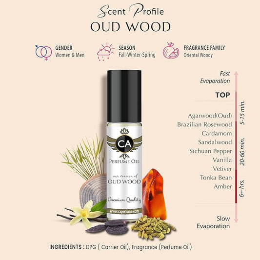 CA Perfume Impression of Oud Wood For Men Replica Fragrance Body Oil Dupes Alcohol-Free Roll-On 0.3 Fl Oz/10ml
