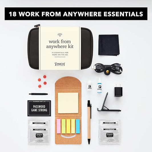 Pinch Provisions Work from Anywhere Kit, Includes 18 Essentials to Help You Stay on Task, Must-Have Essentials, Compact Multi-Functional Vegan Leather Pouch, Black