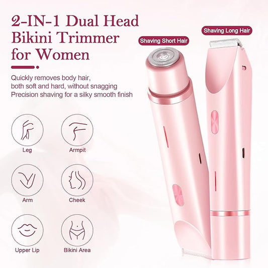 Dermave Bikini Shaver 2.0, 2025 New Glow Aura Bikini Trimmer for Women, 2 in 1 Dual Head Electric Razors for Women, IPX7 Waterproof Wet & Dry Electric Shaver, Rechargeable Portable Body Shaver (Pink)