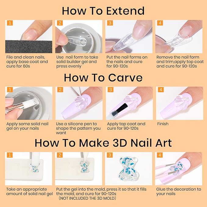 MIZHSE Solid Builder Gel - 1 oz Clear Non Stick Hand Hard Gel with 6 Colors Chrome Nail Powder and Nail Form Extension Kit for Salon and Home DIY