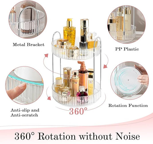 Rotating Makeup Organizer, 360° Spinning Makeup Storage Holder Rack, Dresser Bathroom Organizer Countertop, Large Capacity Perfume Skincare Lipstick Organizer for Vanity.(2 Tiers, Transparent)