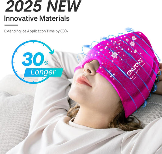 ONLYCARE Migraine Relief Cap, Upgraded Odorless Migraine Ice Head Wrap, Headache Relief Hat for Migraine, Hot-Pink