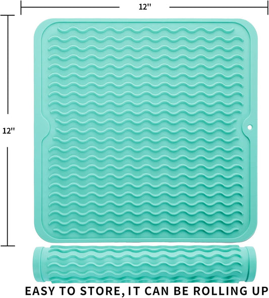 Silicone Dish Drying Mat for Multiple Usage,Easy clean,Eco-friendly,Heat-resistant Silicone Mat for Kitchen Counter or Sink,Refrigerator or Drawer liner Mint M 12 inches x 12 inches