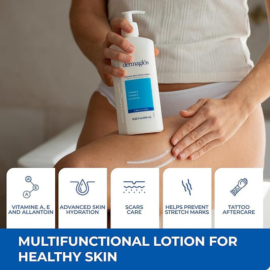 Dermaglos Moisturizing Body Lotion for Dry Skin with Extra Vitamin A, Vitamin E & Allantoin | Regenerating Lightweight Moisturizer for Stretch Marks, Tattoos Aftercare, Scars & Wrinkles | 13.52 Fl Oz