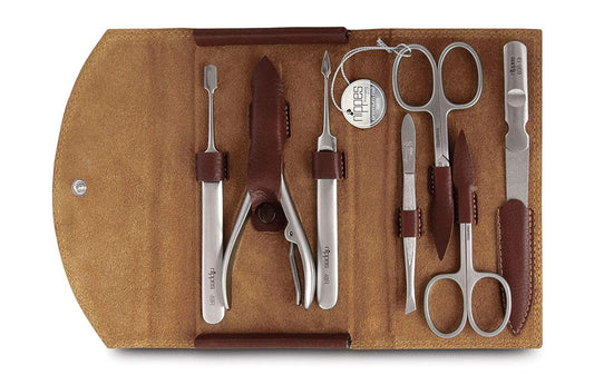 Nippes Solingen Manicure Set, 7-Piece, Stainless Steel, Nickel-Free, Genuine Brown Cowhide Leather Case Made In Solingen Germany