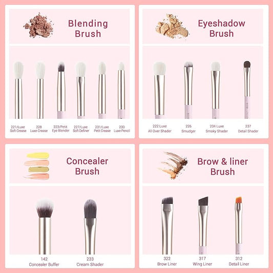 Jessup Eyeshadow Brushes 15pcs, Natural Eye Brush Set for Eyeshadow Blending Concealer Eyebrow Eyeliner, Blushing Bride T294