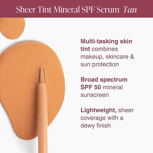 Mineral Fusion Face Serum, Sheer Tint Mineral SPF Serum, 1 Fl Oz, Tan, Tinted Broad Spectrum SPF 50 Mineral Sunscreen, Sheer Coverage, Lightweight & Dewy Finish for Glowing, Protected Skin