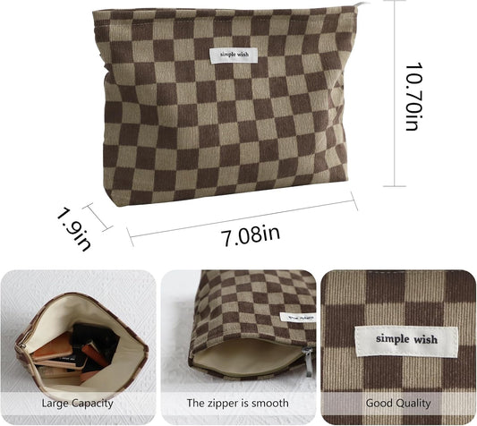 Wudygirl Travel Cosmetic Bag Checkered Makeup Bag Canvas Makeup Pouch for Women Toiletry Pouch Large Capacity Make up Organizer with Zipper Aesthetic (Brownish Checkered)