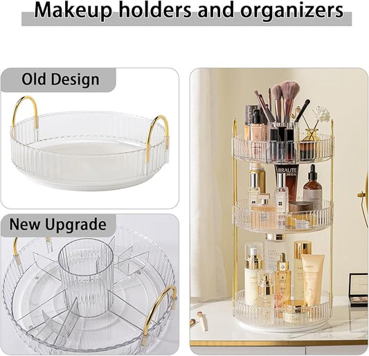 Rotating Makeup Organizer for Vanity, High-Capacity Skincare Clear Make Up Storage Perfume Organizers Cosmetic Dresser Organizer Countertop 360 Spinning (Clear, New-3 Tier)