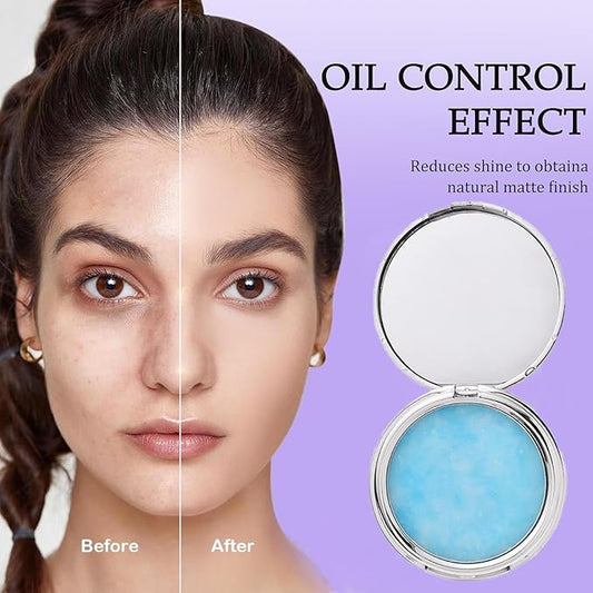 Blue Matte Powder Oil Control Face Pressed Powder Jelly Pressed Powder Face Makeup Setting Powder, Chillab Polvo Compacto with Mini Powder Puff, for Silky Blurring Oil Control Long-Lasting Makeup