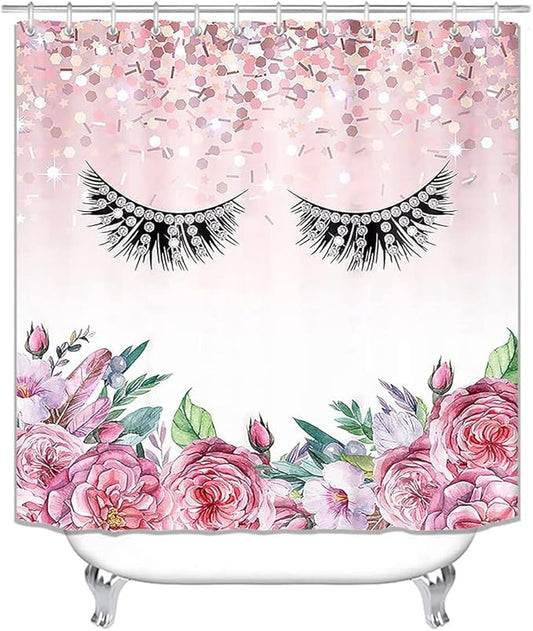 4PCS Diamond Eyelash Shower Curtain Set, Rustic Flower Botanical Bouquet Confetti Girly Makeup Fashion Bathroom Decor Waterproof Fabric Shower Curtain Non-Slip Bath Mat Toilet Rug, Pink Floral