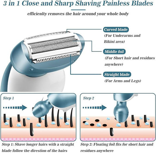 Electric Razors for Women for Legs Bikini Trimmer Electric Shaver for Women Underarm Public Hairs Rechargeable Womens Shaver Wet Dry Use Painless Cordless with Detachable Head (Blue)