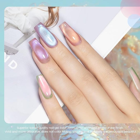 RARJSM Aurora Mermaid Cat Eye Gel Nail Polish Set 6pcs Reflective Pink Purple Green Blue Diamond Ceramic Glitter Glass Cateye Gelpolish with Magnet Stick 7.5ml Curing Requires Soak Off for Home Salon