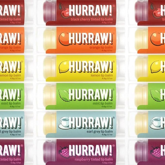 Hurraw! Lip Balms Staff Favorites, 6 Balm Bundle Pack: Black Cherry Tinted (Sheer Red Tint), Orange, Lemon, Mint, Earl Grey, Raspberry Tinted (Sheer Berry Tint). Organic, vegan & raw ingredients.