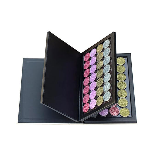 Strong 4-layers Empty magnetic palette book palette(White wood grain)+1pcs Makeup Depotting Spatula+50pcs Round Metal Stickers+50pcs Square Metal Stickers