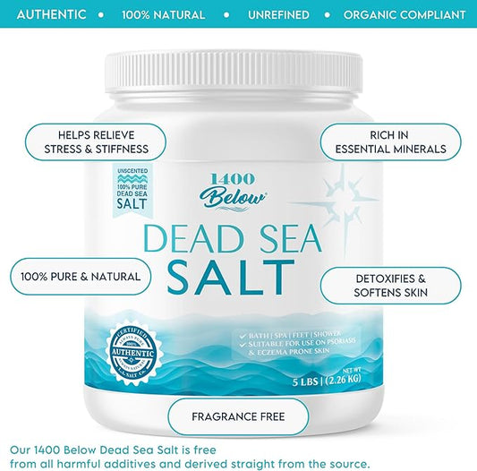1400 Below 5 Lbs Jar Dead Sea Salt, Fine Grain - Foot and Spa Bath Soak, Exfoliating Body Scrub, 100% Pure and Mineral-Rich, Highest Mineral Content – Natural Muscle Tension Relief