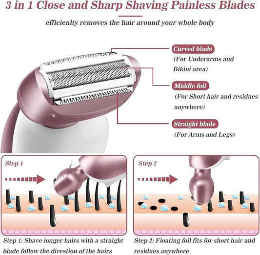 Electric Shaver for Women for Legs Bikini Trimmer Electric Razors for Women Underarm Public Hairs Rechargeable Womens Shaver Wet Dry Use Painless Cordless with Detachable Head (Pink)