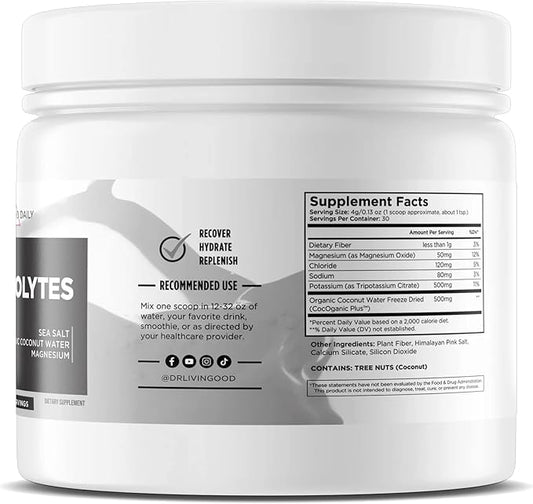 Livingood Daily Electrolytes Powder, Electrolytes Hydration Powder with Magensium, Potassium, Sea Salt and Coconut Water Sugar Free Electrolyte Drink Mix, Keto, Gluten Free, Unflavored, 30 Servings