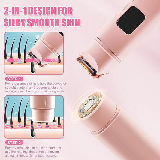 Bikini Trimmer for Women - 2 in 1 Women Electric Shaver Dual Head IPX7 Waterproof Wet & Dry Use Body Hair Trimmer and Facial Hair Remover for Bikini Underarm Leg Arm Body Face, Pink