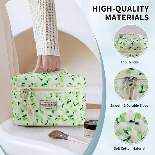 Cute Quilted Floral Makeup Bag(3Pcs),Coquette Aesthetic Cosmetic Bag,Travel Toiletry Bags, Kawaii Aesthetic pouch for Women (6 - Green Fruit)