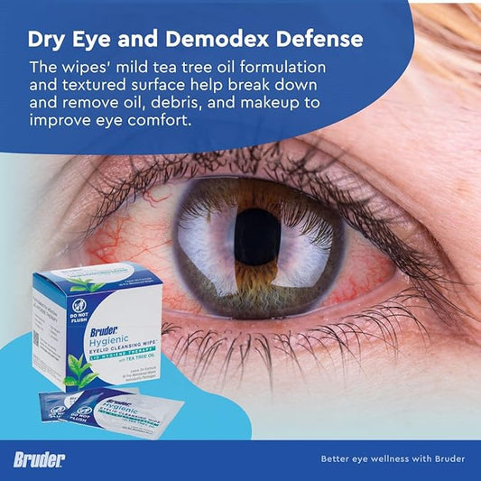 Hygienic Eyelid Cleansing Wipes with Tea Tree Oil l Relief from Demodex l Pre-Moistened, Rinse-Free Exfoliating Wipes Remove Excess Oil and Debris from Eyelids & Lashes l 30 Count Box