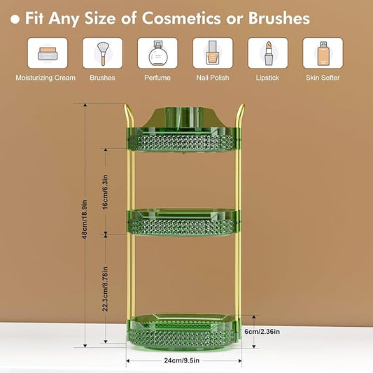 Awenia Rotating Makeup Organizer 360, Stackable Adjustable Large Capacity Cosmetic Storage Unit,Dresser Bathroom Kitchen Countertop Organizer with Metal Handle, Plus Size (Gem Green, 3 Tier)