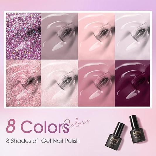 ROSALIND Pink Purple Gel Nail Polish Set, 8 Colors Pink Glitter Gray Gel Polish, Gentle Pink Elegant Purple Classic Gel Polish Collection Nail Art Gift DIY at Home