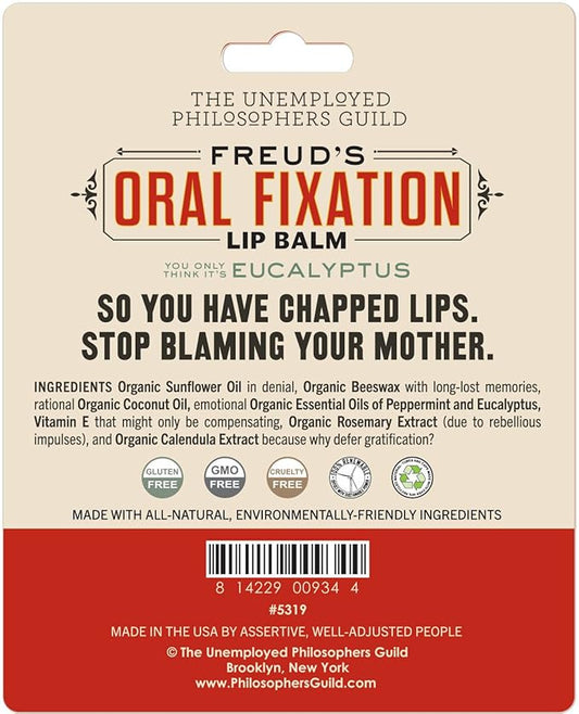 Sigmund Freud's Oral Fixation Lip Balm Tube, Eucalyptus Mint Flavored - Cruelty-Free and Made in The USA from Natural and Imported Ingredients