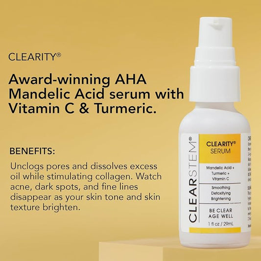 CLEARSTEM - CLEARITY The Blackhead Dissolver Mandelic Acid Serum - Vitamin C, Turmeric, Collagen Boost - All Skin Types - Facial Skin Care Products - Gluten Free, Cruelty Free - 1 fl oz / 29ml