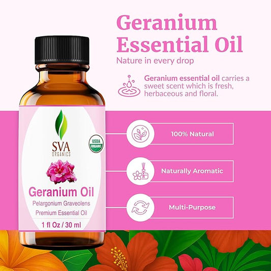 SVA Geranium Essential Oil Organic – 1 Fl Oz – 100% Natural Organic Geranium Oil - for Diffuser, Hair Care, Face, Skin Care, Aromatherapy, Scalp and Body Massage, Soap and Candle making – with Dropper