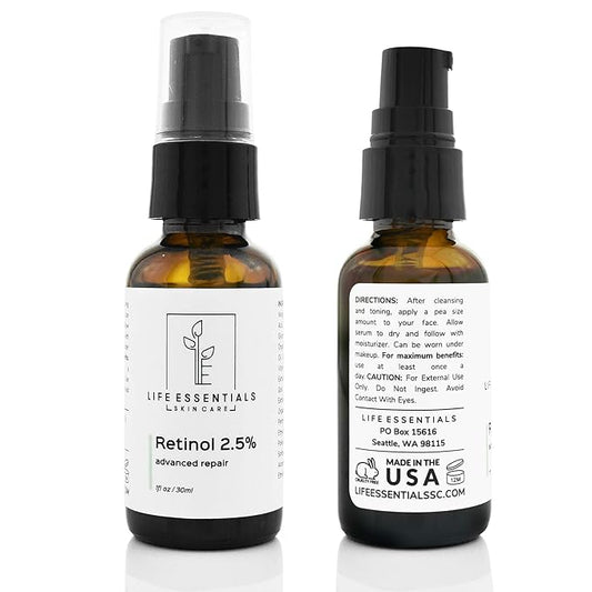 Life Essentials Retinol Serum 2.5% for Wrinkles, Fine Lines, Acne Scars, & Skin Blemishes- Vitamin A + Hyaluronic Acid, Vitamin E, Organic Green Tea, Jojoba Oil - Organic and Natural