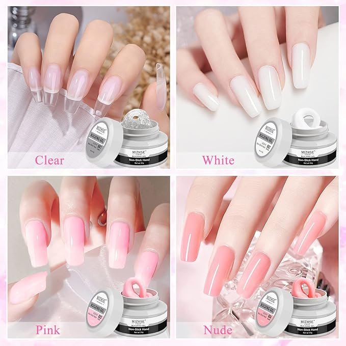 MIZHSE Solid Builder Gel, Nail Sculpture Gel Non-Sticky 4 Colors Nude Clear White Pink Hard Builder Nails UV LED Nail Extension for Salon Manicure Home DIY