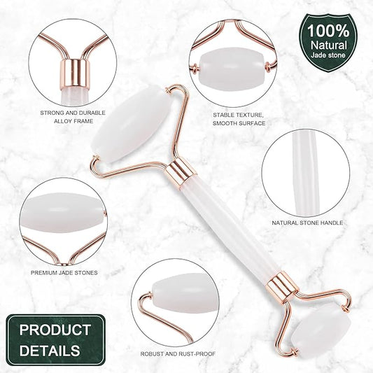 Jade Roller for Face, Facial Roller Massager Skin Care Tool, Gua Sha Facial Tools for Face, Neck, Eyes, Reduce Puffiness of The Skin - White