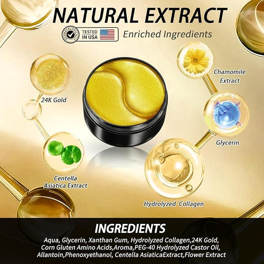 24k Gold Under Eye Patches - 60 Pcs Eye Mask Pure Gold Anti-Aging Collagen Hyaluronic Acid Under Eye Mask for Dark Circles, Puffiness & Wrinkles Refresh Your Skin
