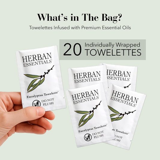 Herban Essentials - Eucalyptus Wipes & Towelettes - Essential Oil Wipes for Hands & Body - Travel Size Essentials and Toiletries - Natural, Individually Wrapped, Disposable & Moist Refresh (20 count)