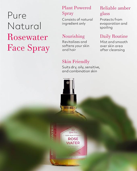 Rose Water Spray for Face by Leven Rose - Pure Natural Moroccan Rosewater Hydrosol Face Spray - Organic Rose Water for Hair 4 oz