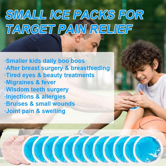 Small Round Ice Packs for Injuries, 12 Pack Soft Cosmetic Ice Packs for Face, Reusable Hot Cold Gel Pack Circular Cold Compress with 2 Wrap for Pain Relief, Toothaches, Breast Surgery, Wisdom Teeth