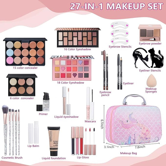 Makeup Kit For Girls, Makeup Set For Teen Beginners, Make up Gift Set For Women with Makeup Box, Eyeshadow Palettes, Foundation, Concealer, brushes set (Colors 18)